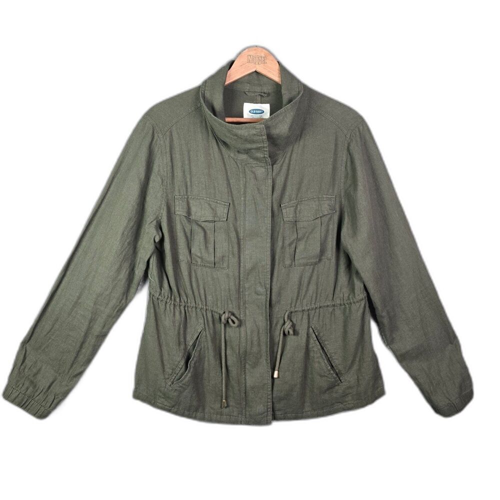 Old Navy Utility Jacket Olive Green L Drawstring Waist Pockets Minimalist